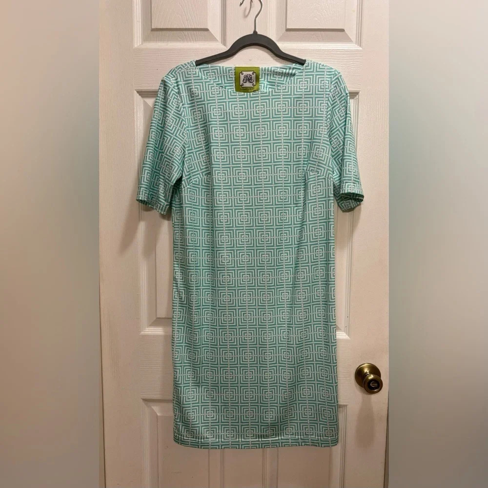 Elizabeth McKay Teal White Print Shift Dress Knee Length Size Small